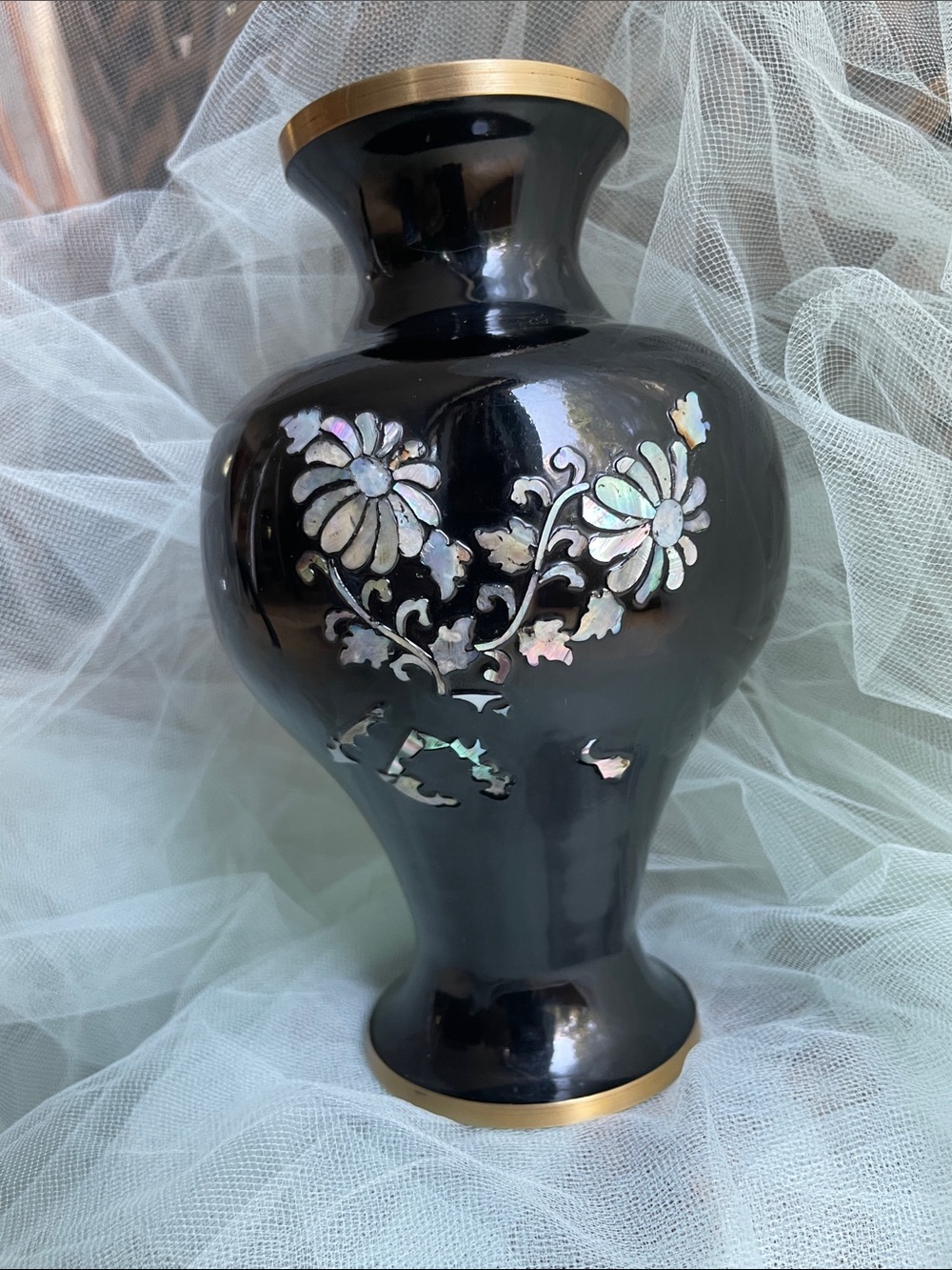 🦋 Unique Vintage Cloisonné Black Floral Mother of Pearl Inlay Vase